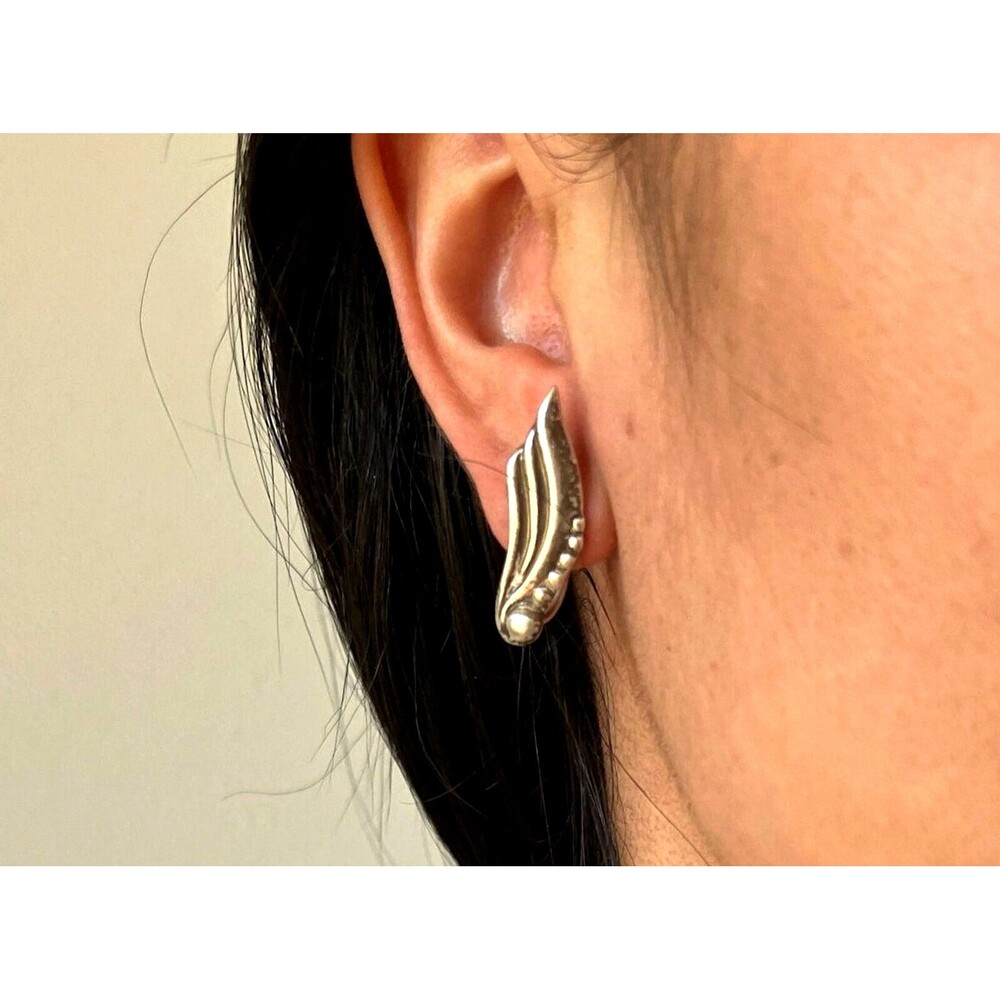 vtg sterling silver screw‎ back earrings southwest leaf brutalist stamped Mexico